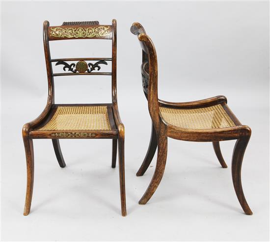 A set of six Regency brass inset mahogany dining chairs, W.1ft 6in. H.2ft 9in.